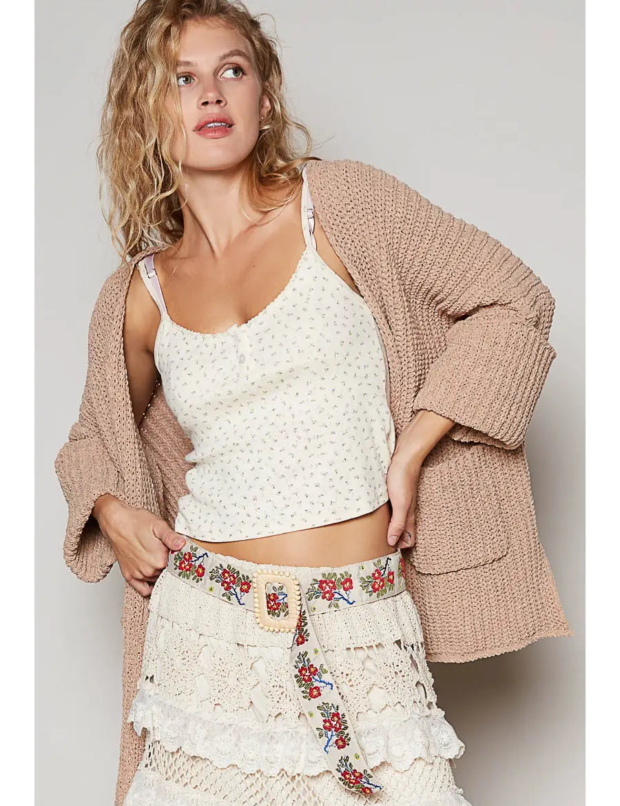 POL Long Sleeve Pockets Solid Chenille Sweater Cardigan-POWDER COCOA on Simply Obsessed
