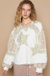 POL Star Patch Lace Contrast Long Sleeve Hooded Top on Simply Obsessed