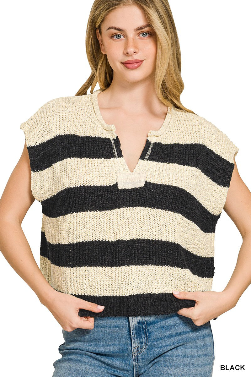 ZENANA Split Neck Stripe Sleevless Sweater on Simply Obsessed