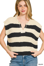 ZENANA Split Neck Stripe Sleevless Sweater on Simply Obsessed