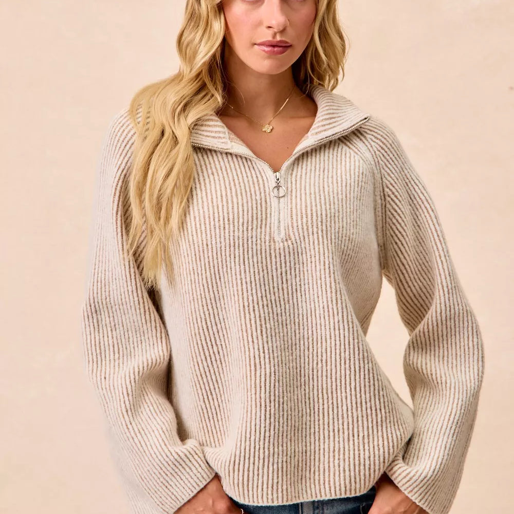 BiBi Two Tone Rib Texured Knit Collared Top with Zip Up on Simply Obsessed