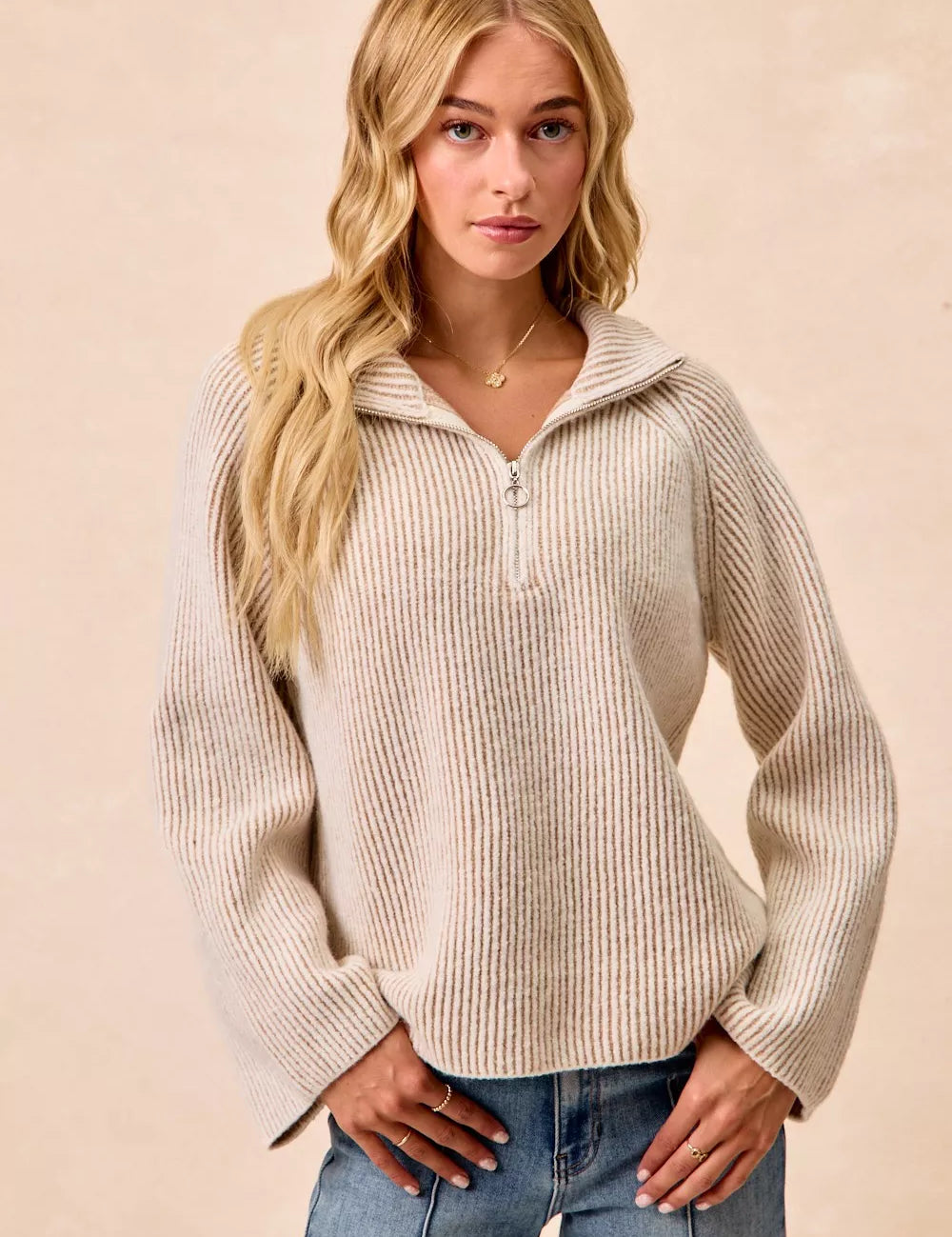 BiBi Two Tone Rib Texured Knit Collared Top with Zip Up on Simply Obsessed
