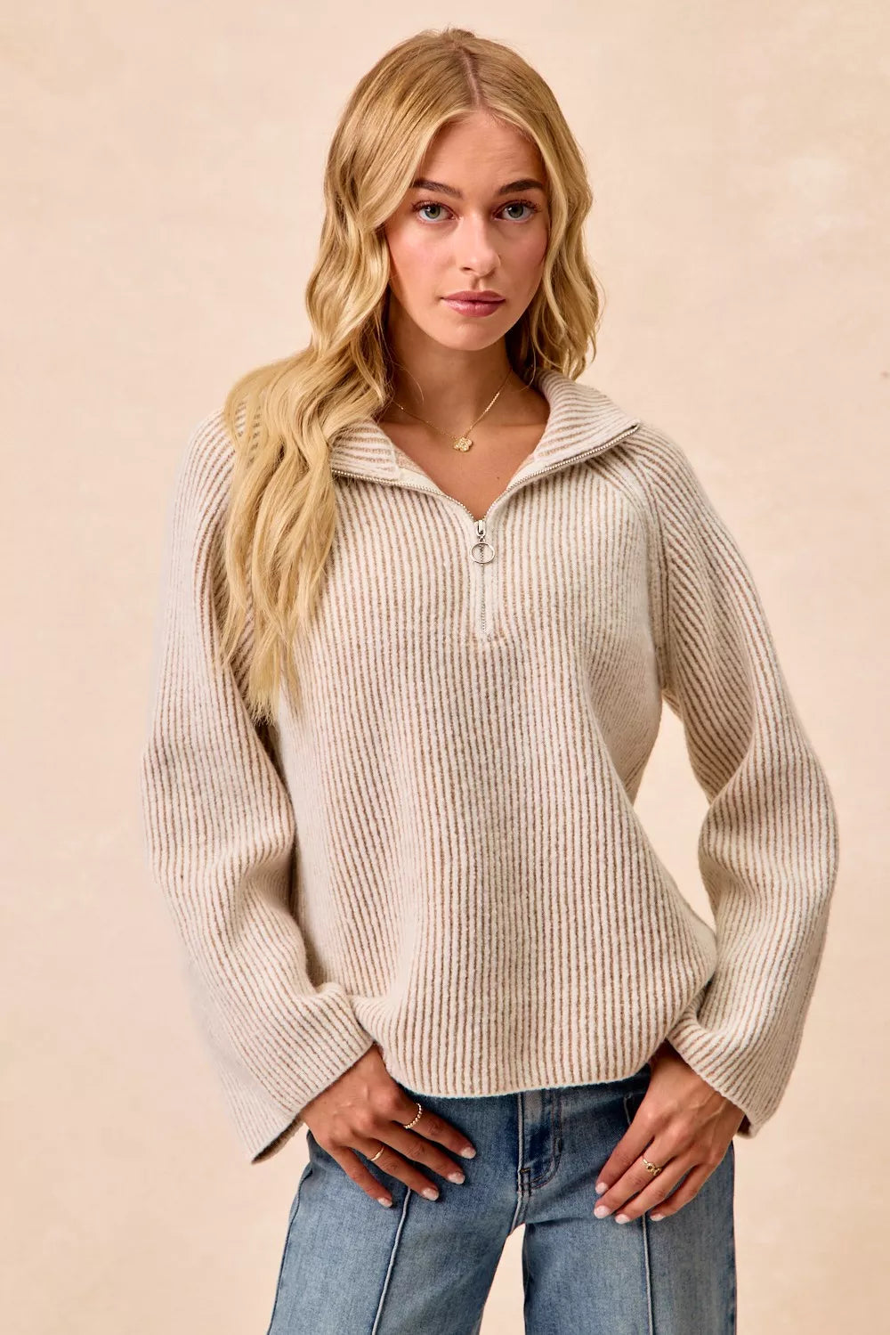 BiBi Two Tone Rib Texured Knit Collared Top with Zip Up on Simply Obsessed