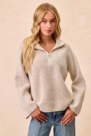 BiBi Two Tone Rib Texured Knit Collared Top with Zip Up on Simply Obsessed