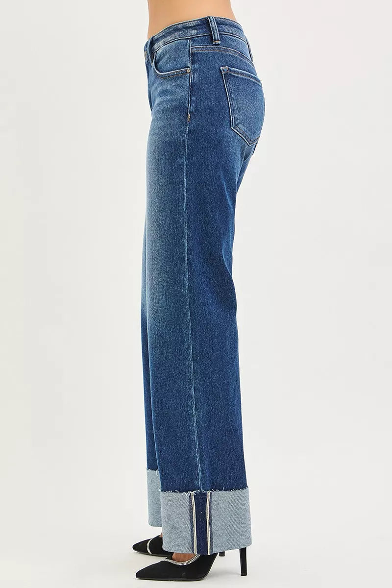 RISEN Mid Rise Wide Straight Jeans With Wide Cuff on Simply Obsessed