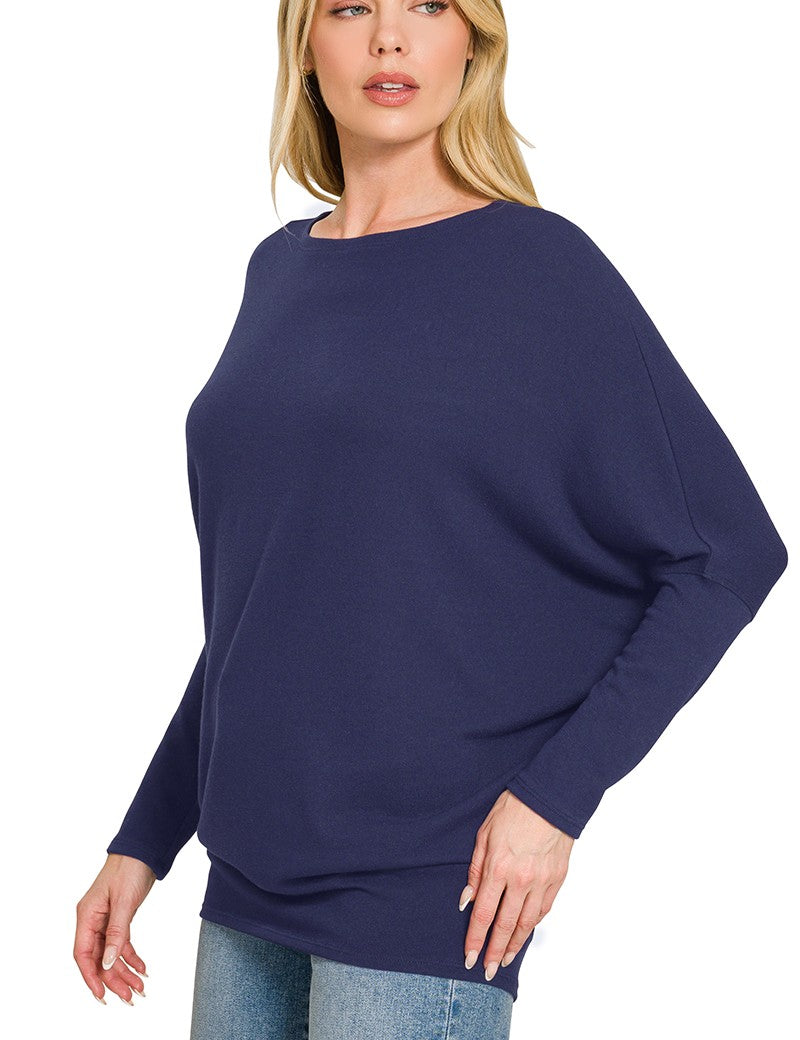 ZENANA Hacci Dolman Sleeve Boat Neck Top on Simply Obsessed