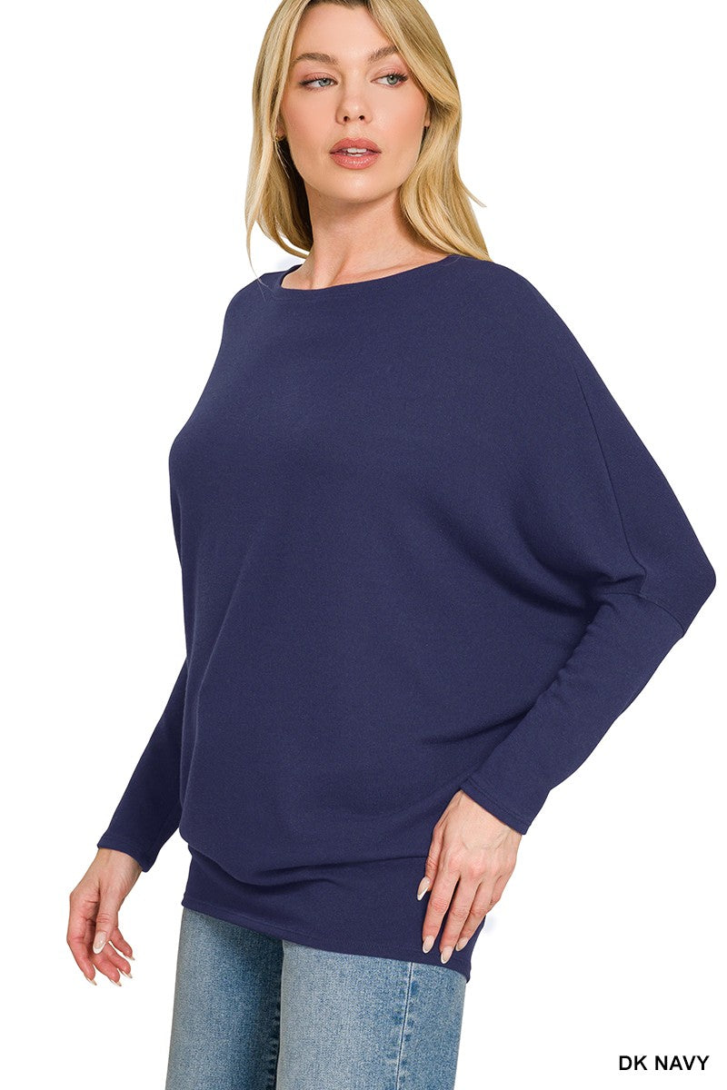 ZENANA Hacci Dolman Sleeve Boat Neck Top on Simply Obsessed