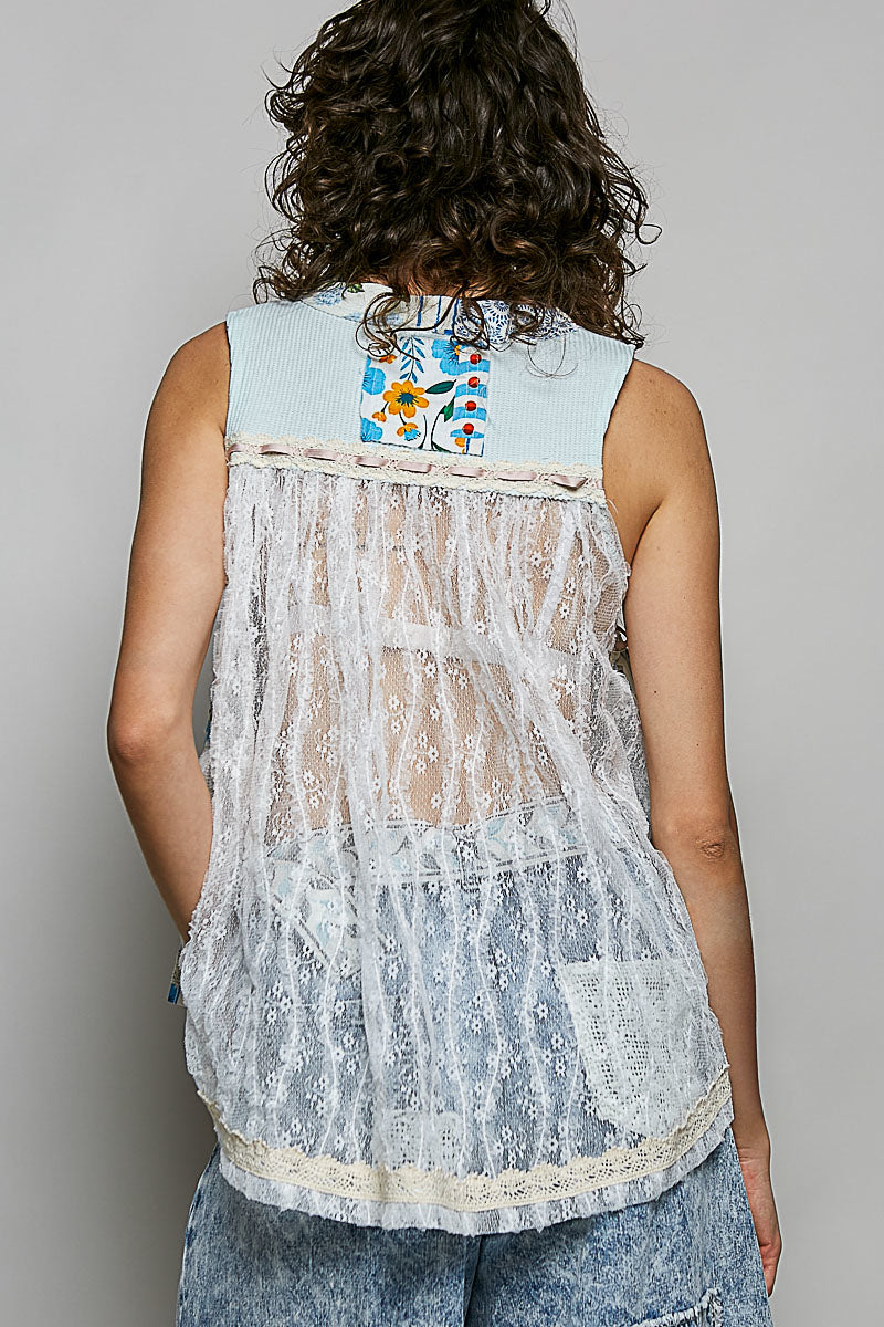 POL Floral V-Neck Sheer Tank with Lace Trim on Simply Obsessed