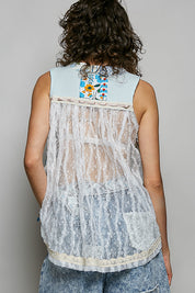 POL Floral V-Neck Sheer Tank with Lace Trim on Simply Obsessed