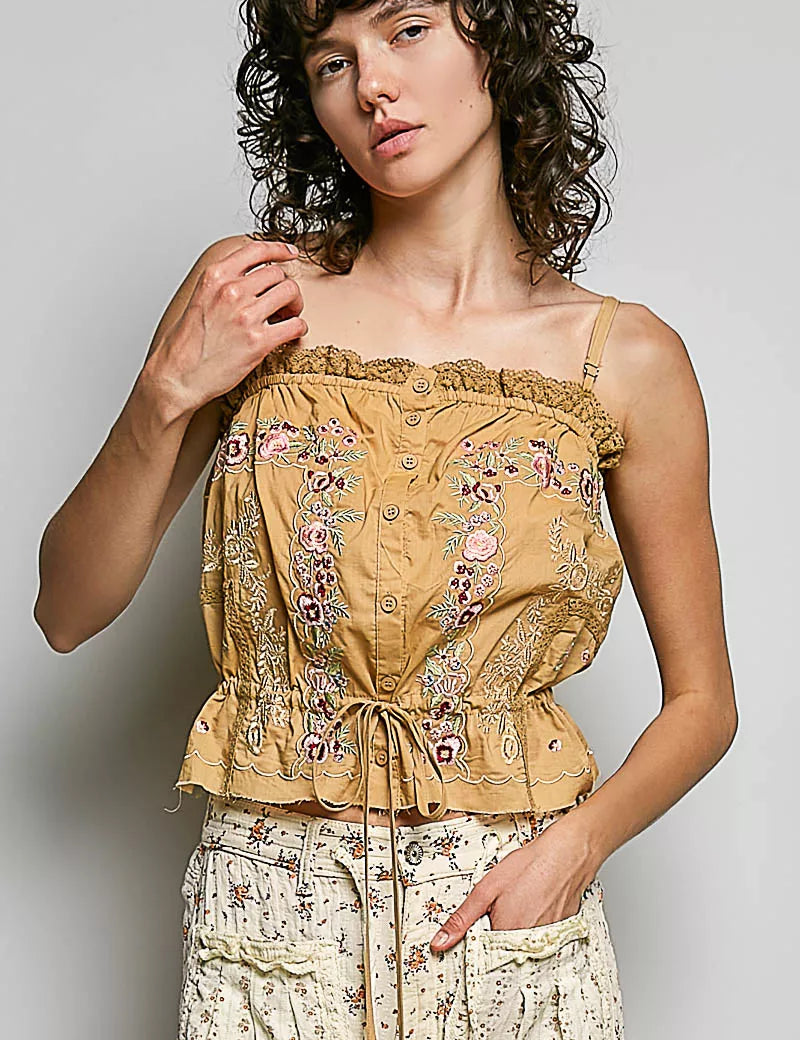 POL Button Down Floral Embroidered Cropped Cami with Lace Detail on Simply Obsessed