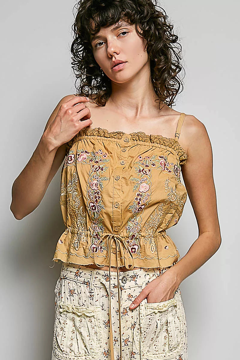 POL Button Down Floral Embroidered Cropped Cami with Lace Detail on Simply Obsessed