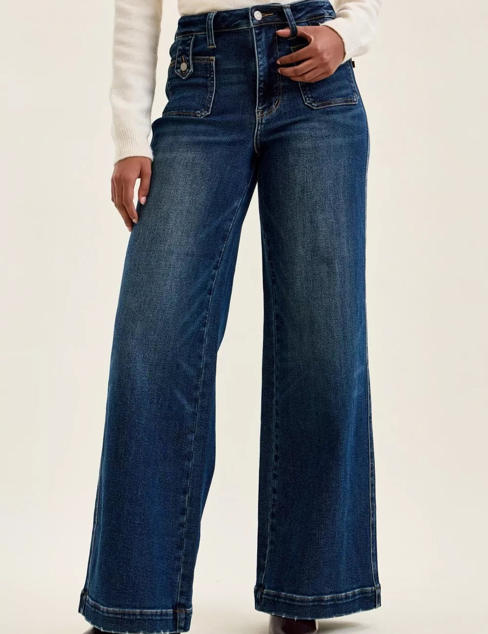 JUDY BLUE High Waist "lux" Retro Wide Jeans with Front Patch Tab Closure Dk Fade Indigo on Simply Obsessed