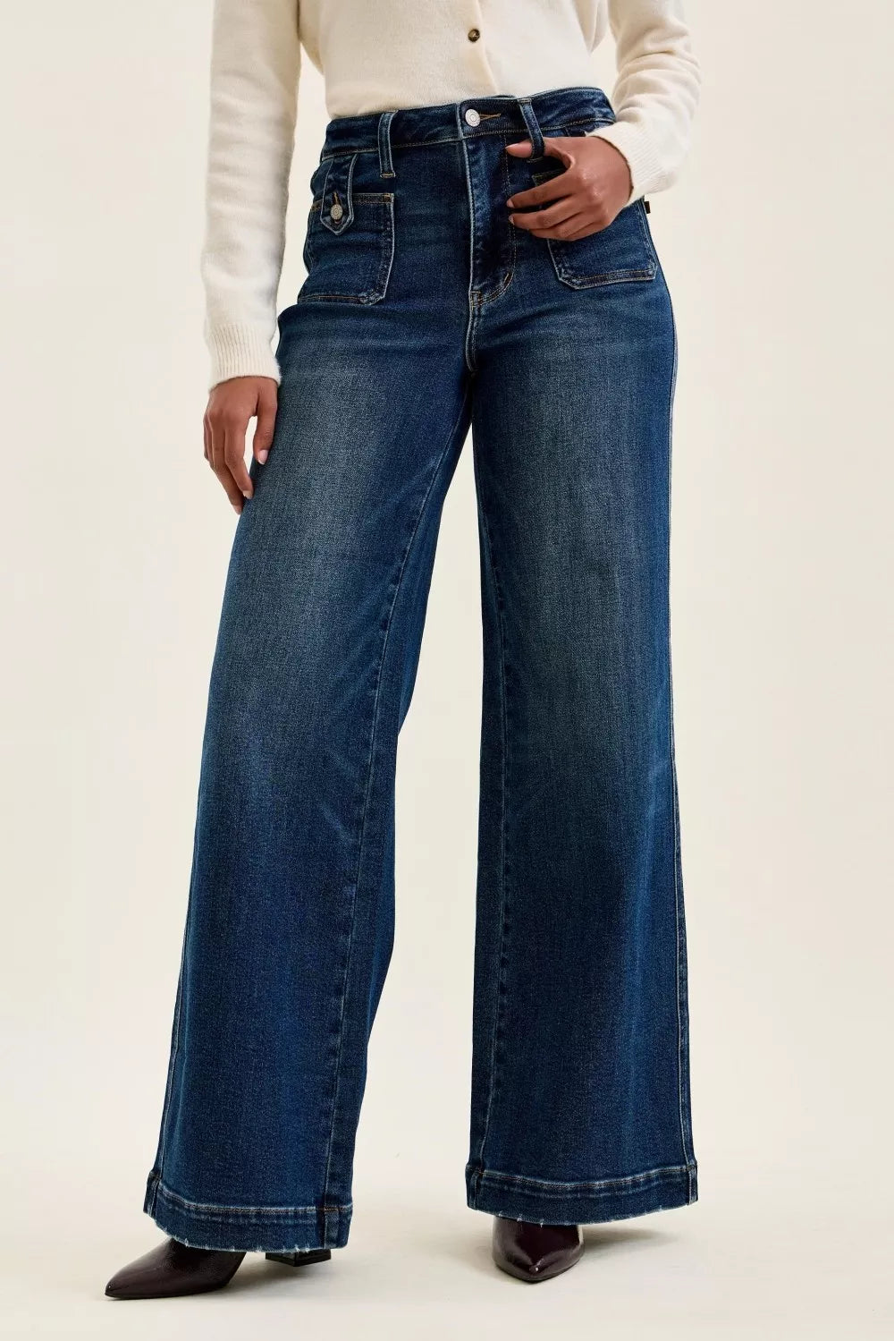 JUDY BLUE High Waist "lux" Retro Wide Jeans with Front Patch Tab Closure Dk Fade Indigo on Simply Obsessed