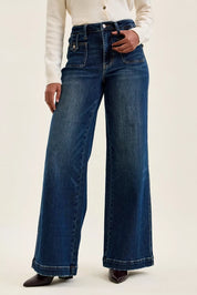 JUDY BLUE High Waist "lux" Retro Wide Jeans with Front Patch Tab Closure Dk Fade Indigo on Simply Obsessed