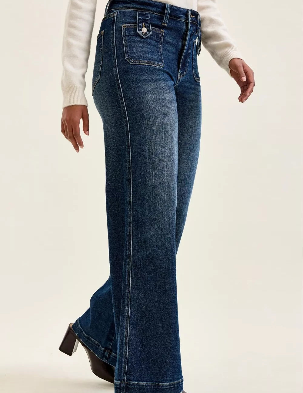 JUDY BLUE High Waist "lux" Retro Wide Jeans with Front Patch Tab Closure Dk Fade Indigo on Simply Obsessed