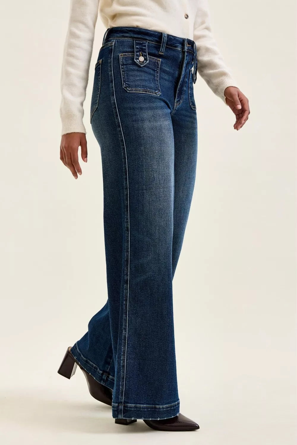 JUDY BLUE High Waist "lux" Retro Wide Jeans with Front Patch Tab Closure Dk Fade Indigo on Simply Obsessed