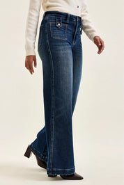 JUDY BLUE High Waist "lux" Retro Wide Jeans with Front Patch Tab Closure Dk Fade Indigo on Simply Obsessed