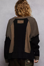 POL Color Block Waffle Knit Raw Hem Sweatshirt on Simply Obsessed