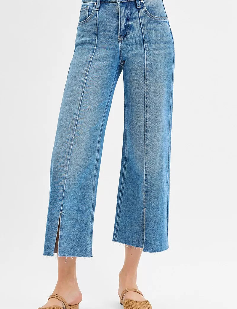 RISEN Tummy Control Mid Rise Crop Wide Front Slit Jeans on Simply Obsessed