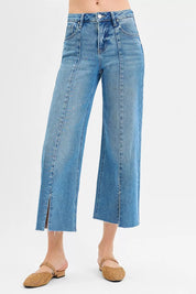 RISEN Tummy Control Mid Rise Crop Wide Front Slit Jeans on Simply Obsessed
