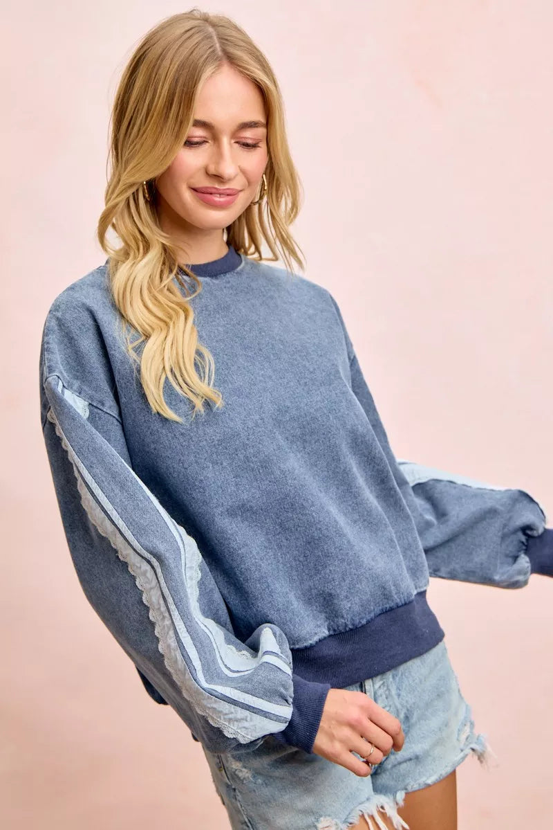 BIBI Washed Denim Lace Contrast Sided Sweatshirt **FALL DEBUT SALE** on Simply Obsessed