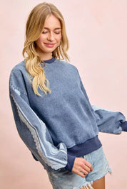 BIBI Washed Denim Lace Contrast Sided Sweatshirt **FALL DEBUT SALE** on Simply Obsessed