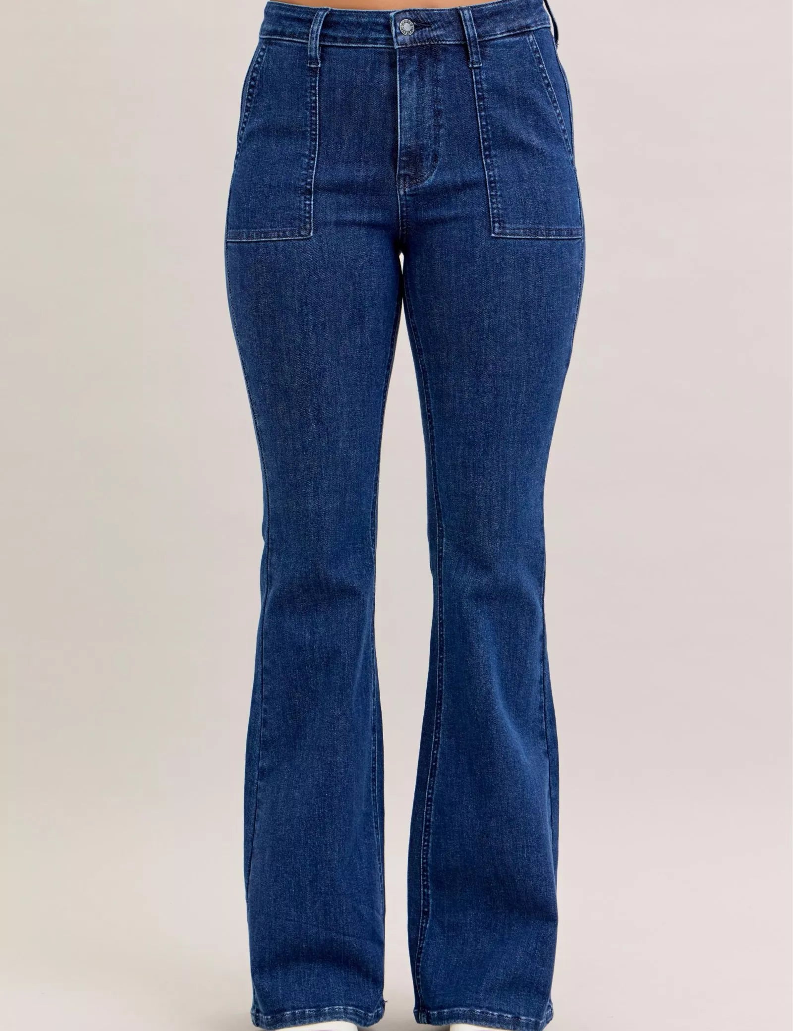Judy Blue High Waist Flare Jeans with Front Patch Pockets on Simply Obsessed