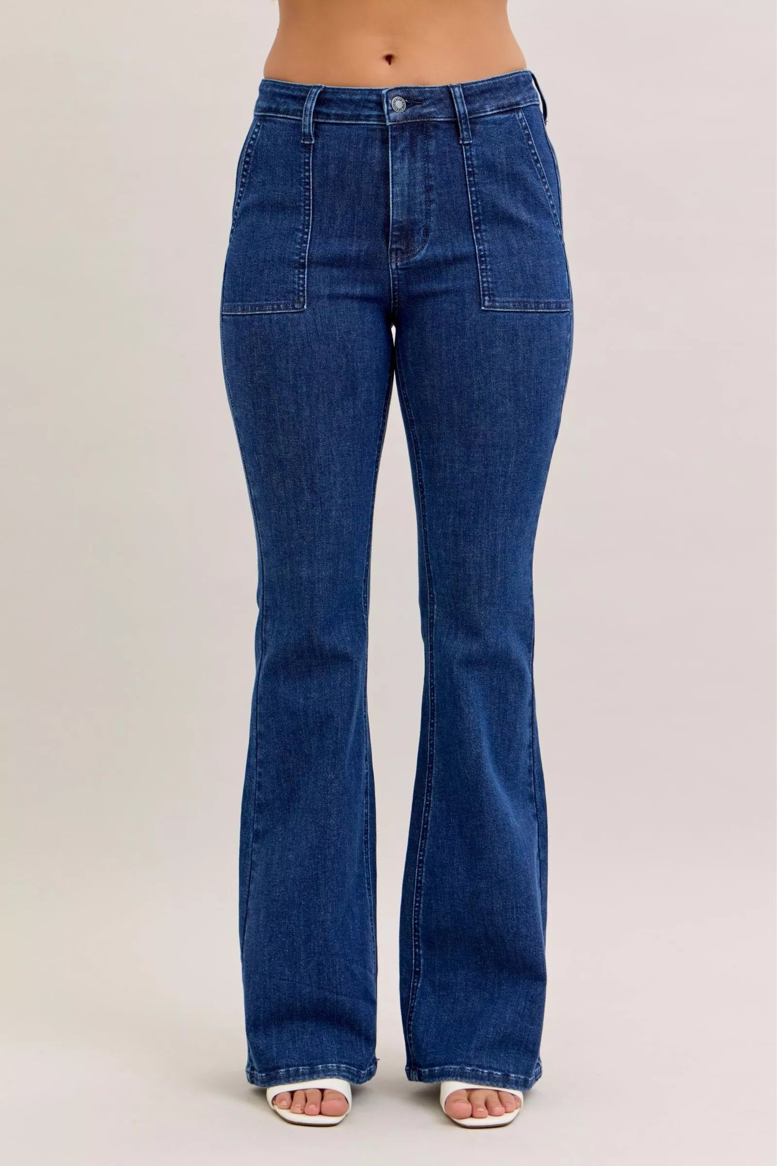Judy Blue High Waist Flare Jeans with Front Patch Pockets on Simply Obsessed