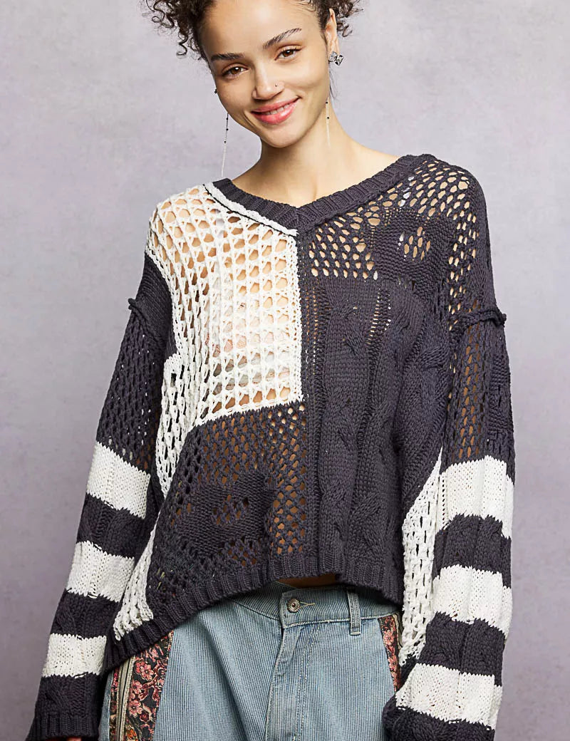 POL Color-Blocked Stripe Pattern Knit Top with Twisted Weave on Simply Obsessed