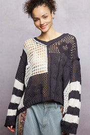 POL Color-Blocked Stripe Pattern Knit Top with Twisted Weave on Simply Obsessed