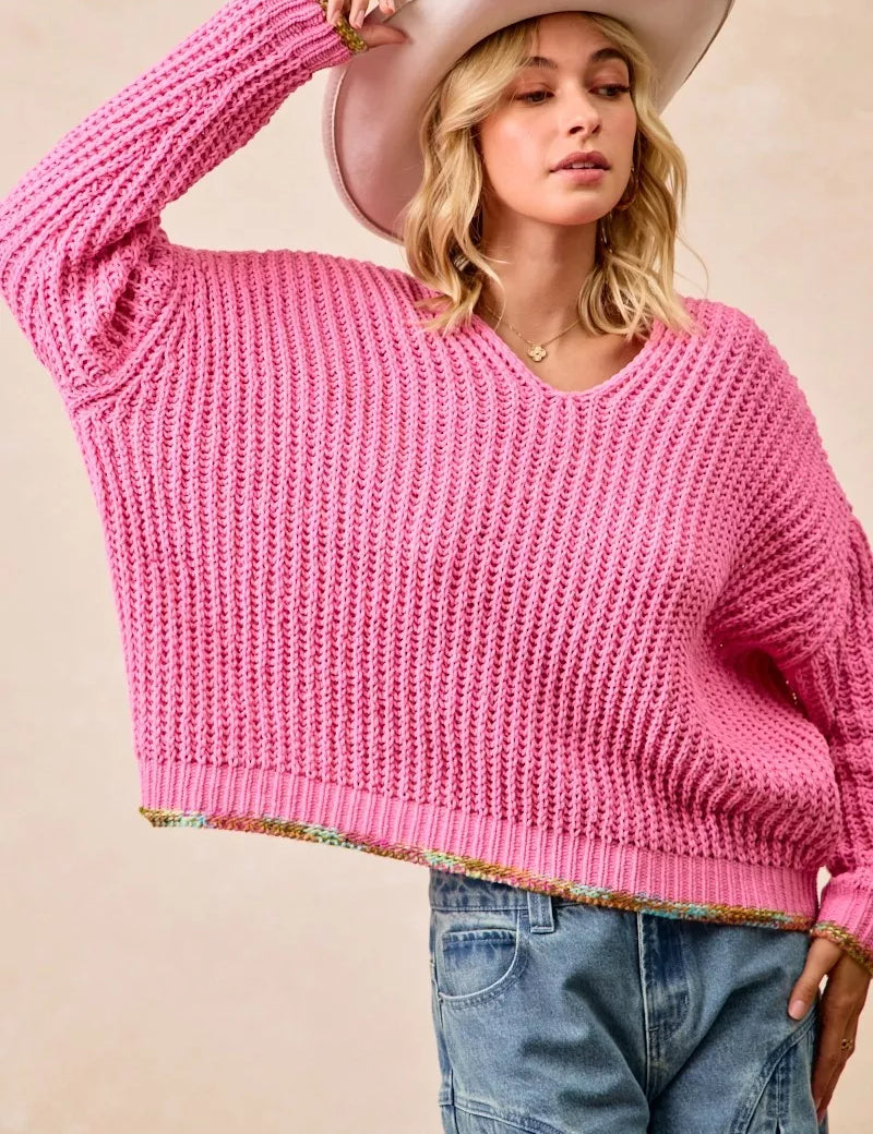 BiBi V-Neck Sweater with Colorful Trim on Simply Obsessed