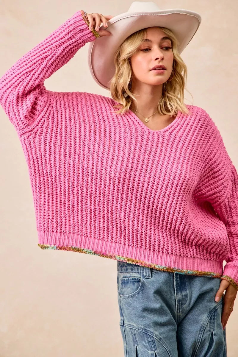 BiBi V-Neck Sweater with Colorful Trim on Simply Obsessed