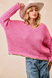 BiBi V-Neck Sweater with Colorful Trim on Simply Obsessed