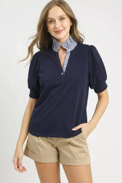 UMGEE Striped Collar Popover Top on Simply Obsessed