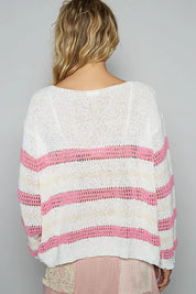 POL Striped Openwork Round Neck Knit Top on Simply Obsessed