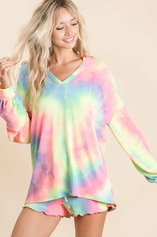BIBI Tie Dye French Terry Top With Balloon Sleeves on Simply Obsessed
