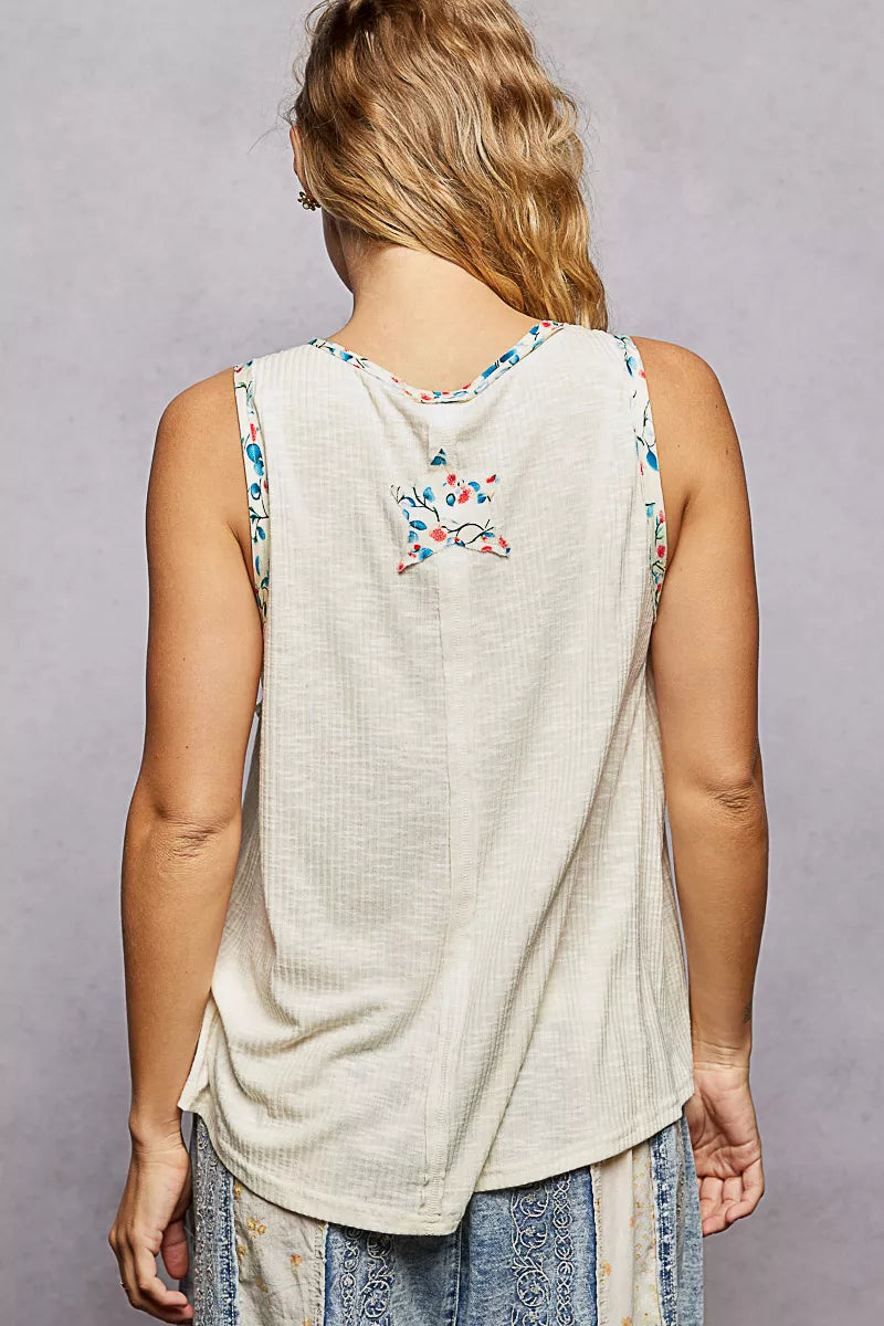 POL Floral Print Star Patch V-Neck Ribbed Tank on Simply Obsessed