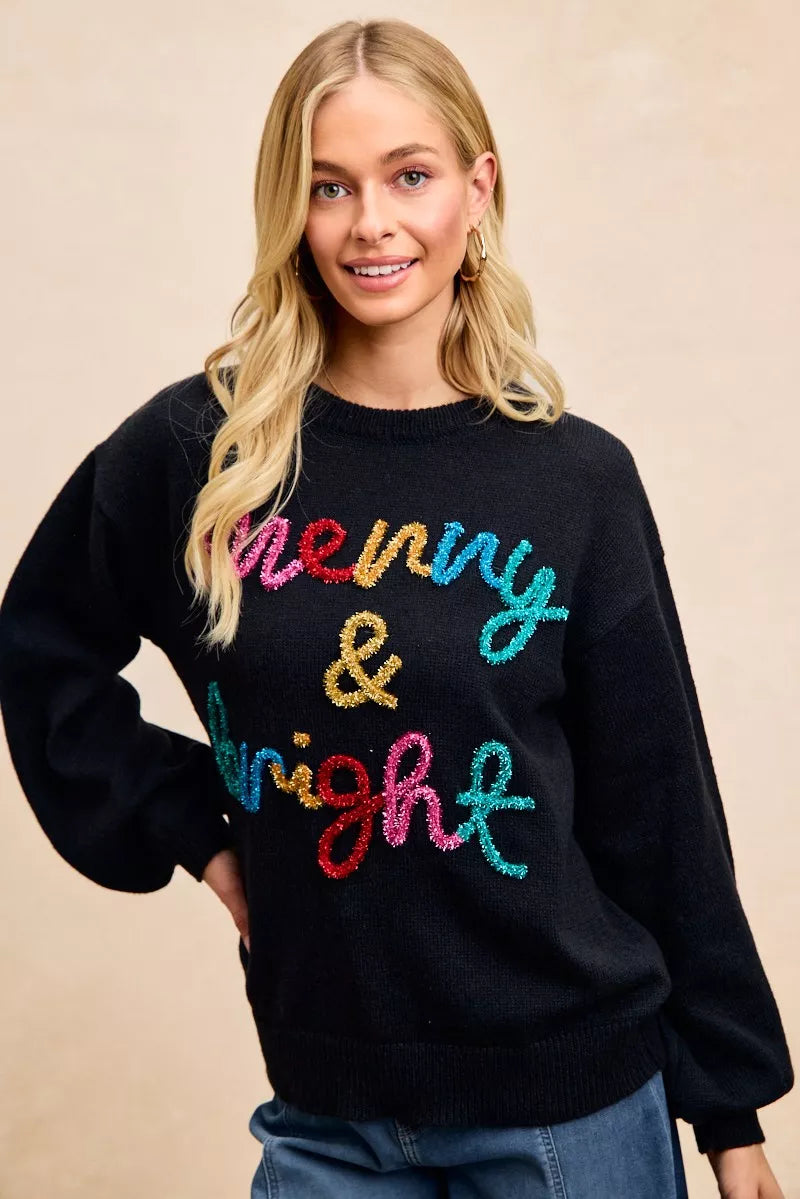 BIBI Tinsel Lettering Christmas Sweater on Simply Obsessed