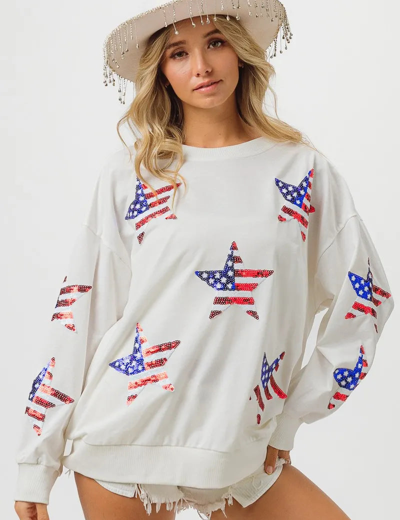 BIBI American Flag Sequin Star Sweatshirt on Simply Obsessed