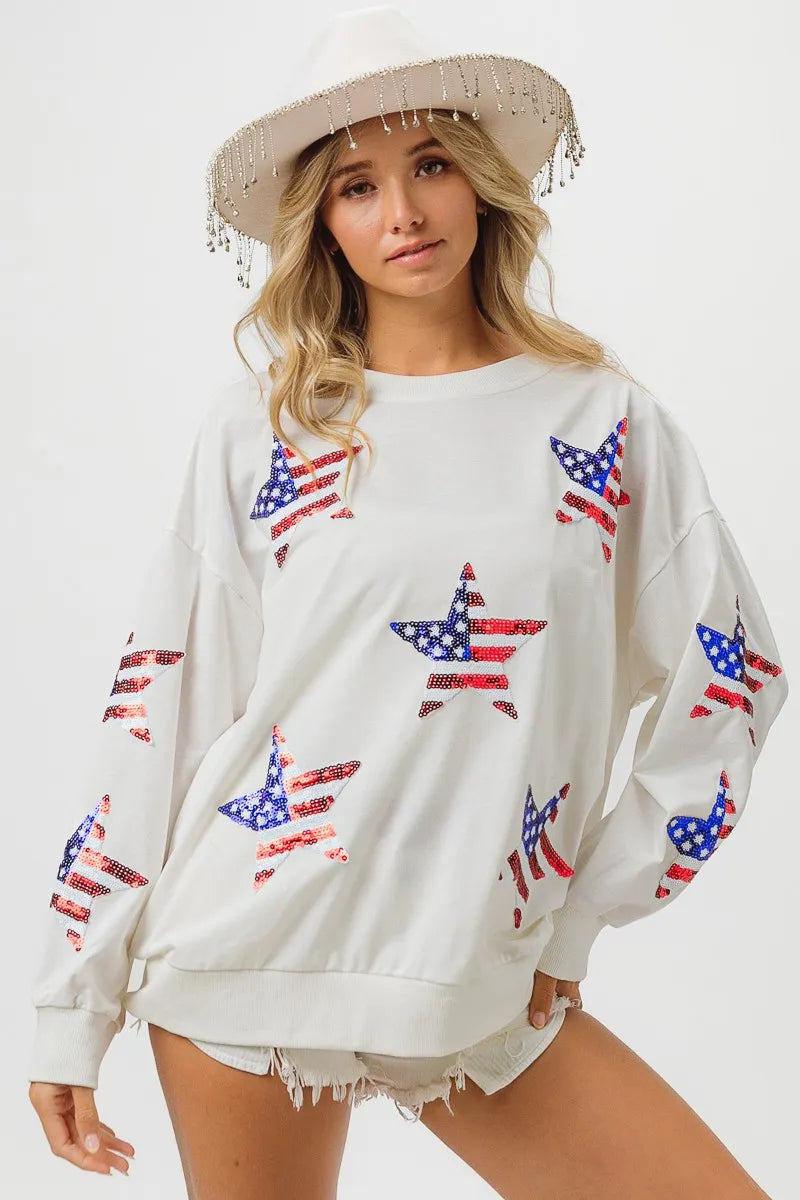 BIBI American Flag Sequin Star Sweatshirt on Simply Obsessed