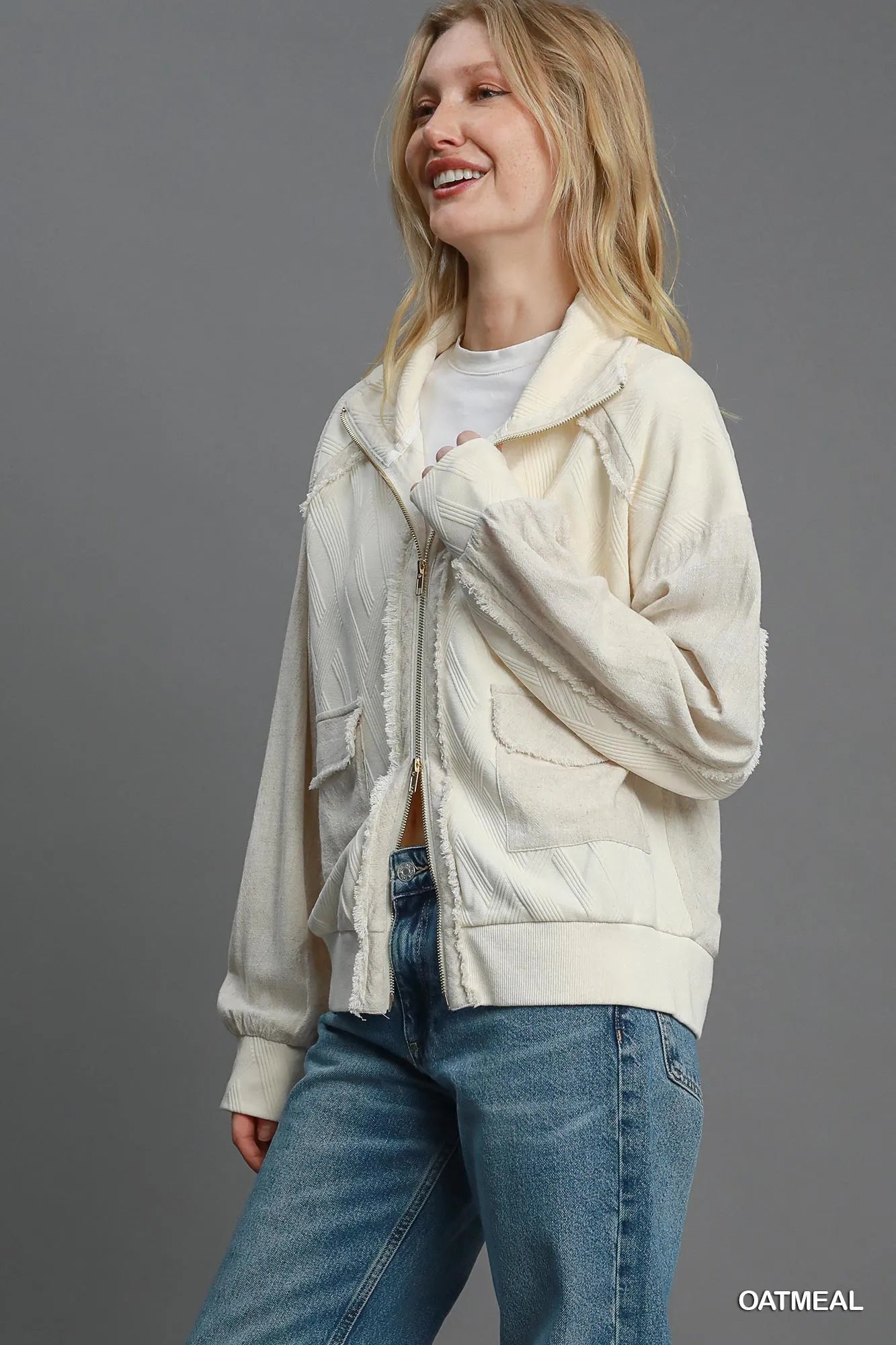 Umgee Two-Way Jacquard Zip-Up Jacket on Simply Obsessed