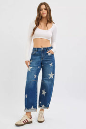 RISEN Mid Rise Ankle Length Relaxed Barrel Star Printed Jeans on Simply Obsessed