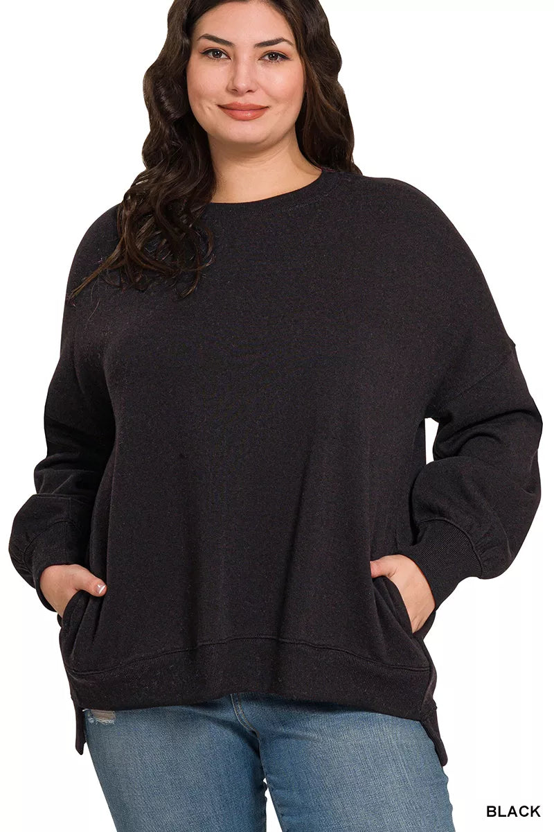 Zenana Full Size Fleece Hi-low Boyfriend Sweatshirts with Pockets Plus Size on Simply Obsessed