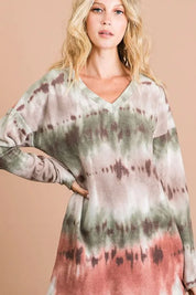 BIBI Brushed Tie Dye Looking Print V Neck Top on Simply Obsessed