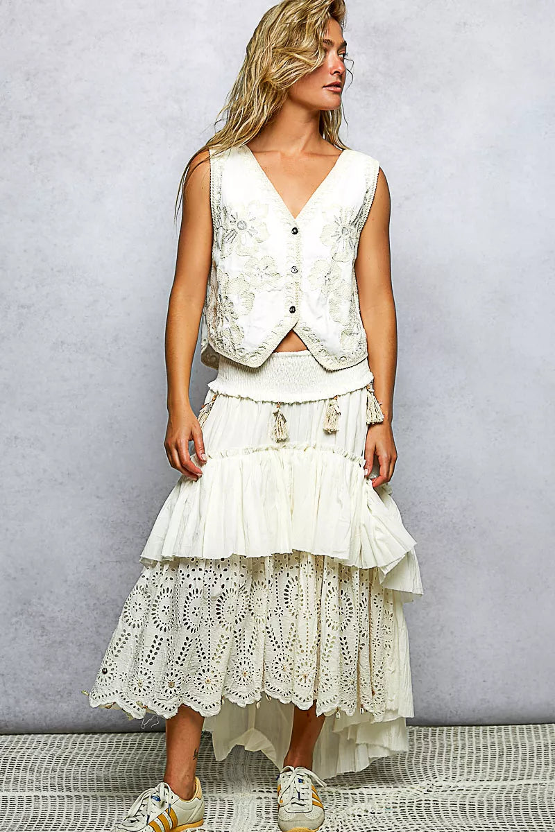 POL Embroidered Floral V-Neck Button Down Crochet Vest on Simply Obsessed