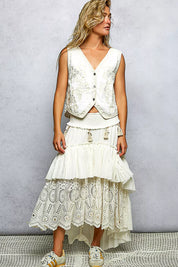 POL Embroidered Floral V-Neck Button Down Crochet Vest on Simply Obsessed