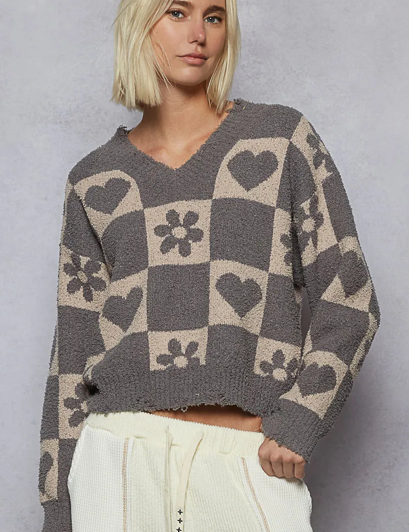POL V-Neck Heart Pattern Checkered Sweater on Simply Obsessed