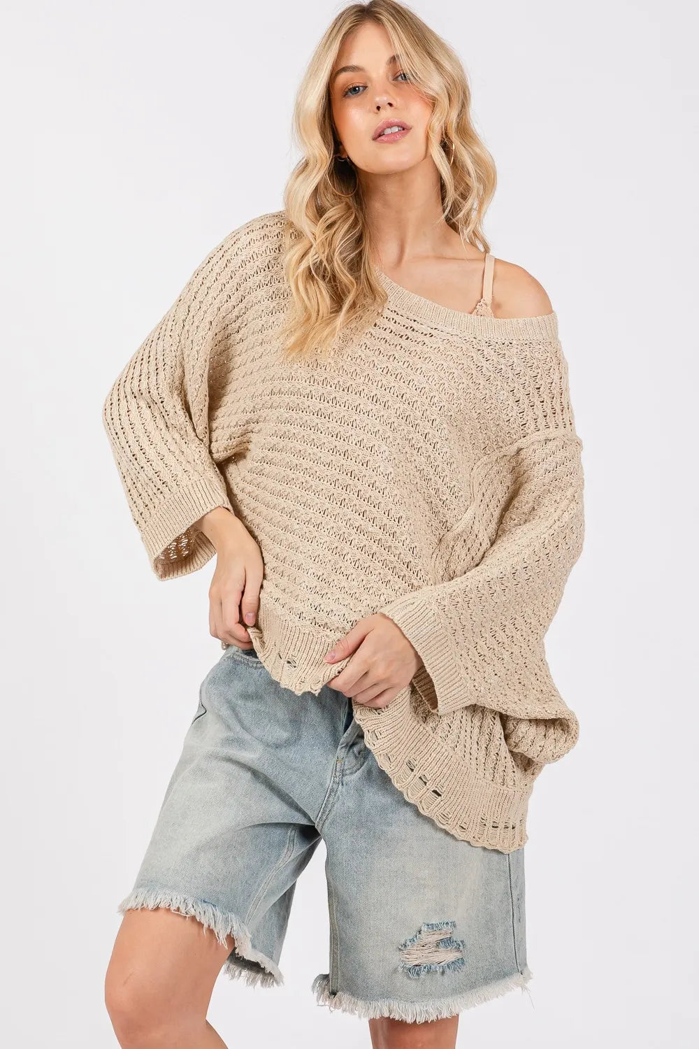 SAGE + FIG Distressed Asymmetrical Open Stitch Sweater on Simply Obsessed