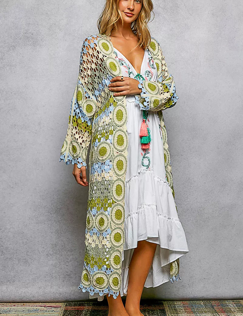 POL Scalloped Edge Open Front Crochet Cardigan with Colorful Stripe Pattern on Simply Obsessed