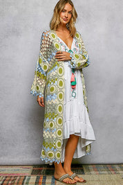 POL Scalloped Edge Open Front Crochet Cardigan with Colorful Stripe Pattern on Simply Obsessed